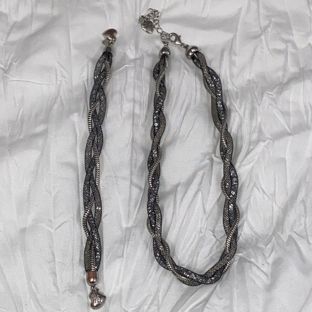2pc SET Betsy Johnson Black & Silver Braided Mesh Necklace & Bracelet EUC